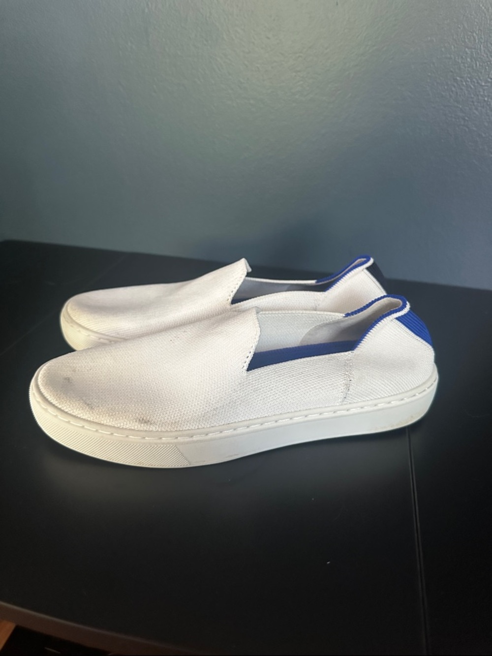 Rothy's White Slip-On Sneakers with Blue Heel Trim